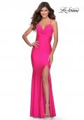 Picture of: Neon Jersey Dress with Ruching and Lace Up Back in Neon Pink, Style: 28993, Detail Picture 2