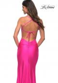 Picture of: Neon Pink Long Tie Up Back Jersey Prom Dress with Slit in Neon Pink, Detail Picture 2