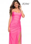 Picture of: Neon Jersey Luxe Gown with Draped Slit and Strappy Back in Neon Pink, Detail Picture 2