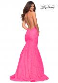 Picture of: Neon Pink Mermaid Lace Gown with Sheer Bodice and Open Back in Neon Pink, Detail Picture 2