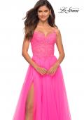 Picture of: Neon Pink Tulle and Lace Ballgown with Illusion Bodice in Neon Pink, Detail Picture 2