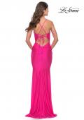 Picture of: Rhinestone Ruched Jersey Prom Dress with Lace Up Back in Bright Colors in Neon Pink, Style: 31237, Detail Picture 2