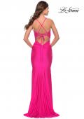 Picture of: Embellished Rhinestone Jersey Long Dress with Lace Up Back in Neon in Neon Pink, Style: 31401, Detail Picture 2