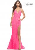 Picture of: Rhinestone Lace Embellished Prom Dress with High Side Slit in Bright Colors in Neon Pink, Style: 31404, Detail Picture 2