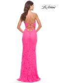 Picture of: Fitted Stretch Lace Prom Dress with Banded Waist in Neon in Neon Pink, Style: 31417, Detail Picture 2