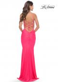 Picture of: Twist Front Cut Out Jersey Prom Dress in Bright Colors in Neon Pink, Style: 31435, Detail Picture 2