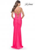 Picture of: Beaded Lace Bodice with Sheer Waist Long Jersey Gown in Bright Colors in Neon Pink, Style: 31437, Detail Picture 2