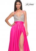 Picture of: Satin Gown with Sheer Rhinestone Bodice in Neon in Neon Pink, Style: 31448, Detail Picture 2