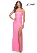 Picture of: Lace Up Back Sequin Gown with Flare Skirt in Bright Colors in Neon Pink, Style: 31509, Detail Picture 2