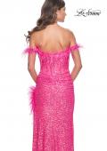 Picture of: Sequin Bustier Dress with Off the Shoulder Feather Lined Top and Slit in Neon Pink, Style: 32150, Detail Picture 2