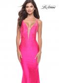 Picture of: Bedazzled Rhinestone Jersey Gown with Deep V Neckline in Neon in Neon Pink, Style: 31413, Detail Picture 3