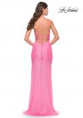 Picture of: Lace Up Back Sequin Gown with Flare Skirt in Bright Colors in Neon Pink, Style: 31509, Detail Picture 3
