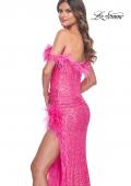 Picture of: Sequin Bustier Dress with Off the Shoulder Feather Lined Top and Slit in Neon Pink, Style: 32150, Detail Picture 3
