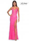 Picture of: Lace Fitted Dress with Deep V Neckline and Lace Applique in Neon Pink, Style: 32205, Detail Picture 3