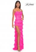 Picture of: Fitted Ruffle Skirt Lace Dress with Illusion Bodice in Neon Pink, Style: 32442, Detail Picture 3