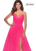 Picture of: Long Tulle Prom Dress with Criss Cross Bodice Detail in Neon Pink, Style: 28893, Detail Picture 4