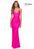 Picture of: Ruched Neon Prom Dress with Criss Cross Tie Back in Neon Pink, Style: 29010, Detail Picture 4