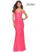 Picture of: Lace Prom Dress with Illusion Embellished Sides in Neon Colors in Neon Pink, Detail Picture 4