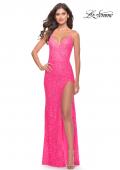 Picture of: Beaded Lace Gown with High Slit and V Neck in Neon Pink, Style: 31388, Detail Picture 4