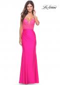 Picture of: Long Dress with Jersey Skirt and Lace Illusion Bodice in Neon in Neon Pink, Style: 31411, Detail Picture 4