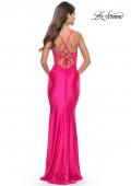 Picture of: Rhinestone Prom Dress with Lace Applique Side Panels in Neon in Neon Pink, Style: 31436, Detail Picture 4