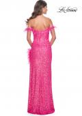 Picture of: Sequin Bustier Dress with Off the Shoulder Feather Lined Top and Slit in Neon Pink, Style: 32150, Detail Picture 4