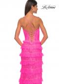 Picture of: Fitted Ruffle Skirt Lace Dress with Illusion Bodice in Neon Pink, Style: 32442, Detail Picture 4