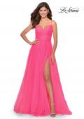 Picture of: Long Tulle Pleated Bodice Prom Gown with Pockets in Neon Pink, Style: 28123, Detail Picture 5