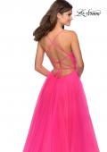 Picture of: Long Tulle Prom Dress with Criss Cross Bodice Detail in Neon Pink, Style: 28893, Detail Picture 5