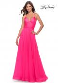 Picture of: Chiffon Prom Dress with Ruched Bodice and Slit in Neon Pink, Style: 30840, Detail Picture 5