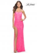 Picture of: Beaded Lace Strapless Dress with High Side Slit in Neon Pink, Style: 31351, Detail Picture 5