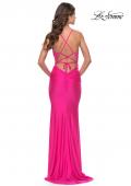 Picture of: Open Lace Up Back Long Gown with Lace Side Detail in Neon Pink, Style: 31365, Detail Picture 5