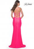 Picture of: Fitted Jersey Prom Dress with Rhinestone Beaded Illusion Bodice in Neon Pink, Style: 32054, Detail Picture 5