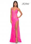 Picture of: Lace Fitted Dress with Deep V Neckline and Lace Applique in Neon Pink, Style: 32205, Detail Picture 5