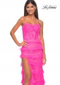 Picture of: Fitted Ruffle Skirt Lace Dress with Illusion Bodice in Neon Pink, Style: 32442, Detail Picture 5