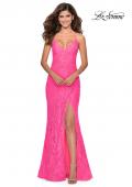 Picture of: Lace Prom Gown with Rhinestones and Tie Up Back in Neon Pink, Style: 28548, Detail Picture 6