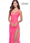 Picture of: Lace Long Dress with High Side Slit and V Neckline in Neon Pink, Style: 31125, Detail Picture 6