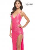 Picture of: Stretch Sequin Dress with High Side Slit and V Neck in Neon Pink, Style: 31298, Detail Picture 6
