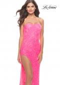 Picture of: Beaded Lace Strapless Dress with High Side Slit in Neon Pink, Style: 31351, Detail Picture 6