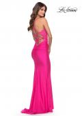 Picture of: Open Lace Up Back Long Gown with Lace Side Detail in Neon Pink, Style: 31365, Detail Picture 6