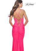 Picture of: Beaded Lace Bodice with Sheer Waist Long Jersey Gown in Bright Colors in Neon Pink, Style: 31437, Detail Picture 6