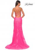 Picture of: Lace Fitted Dress with Deep V Neckline and Lace Applique in Neon Pink, Style: 32205, Detail Picture 6