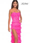 Picture of: Fitted Ruffle Skirt Lace Dress with Illusion Bodice in Neon Pink, Style: 32442, Detail Picture 6