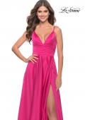 Picture of: A-Line Satin Gown with Ruched Bodice and V Neck in Neon in Neon Pink, Style: 31121, Detail Picture 7