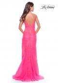 Picture of: Lace Long Dress with High Side Slit and V Neckline in Neon Pink, Style: 31125, Detail Picture 7
