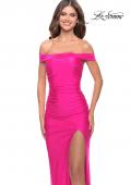 Picture of: Rhinestone Off the Shoulder Dress with Lace Up Back in Neon Pink, Style: 31276, Detail Picture 7