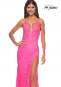 Picture of: Lace Fitted Dress with Deep V Neckline and Lace Applique in Neon Pink, Style: 32205, Detail Picture 7
