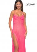 Picture of: Fishnet Rhinestone Fitted Dress with Bustier Top and High Neckline in Neon Pink, Style: 32227, Detail Picture 7