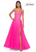 Picture of: Neon A-Line Tulle Prom Dress with Rhinestone Fishnet Bodice in Neon Pink, Style: 32445, Detail Picture 7