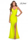 Picture of: Neon Jersey Dress with Ruching and Lace Up Back in Neon Yellow, Style: 28993, Detail Picture 1